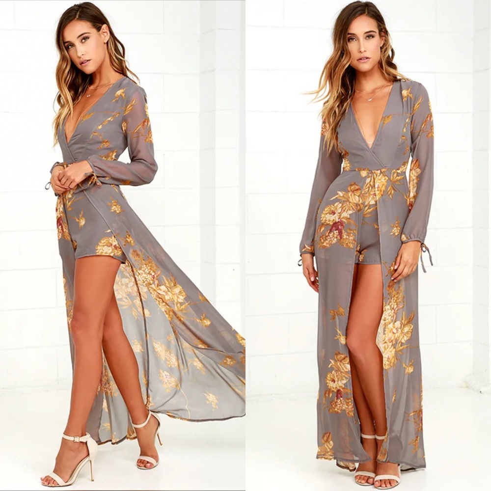 Lulu’s Fine and Dandelion Grey Floral Romper